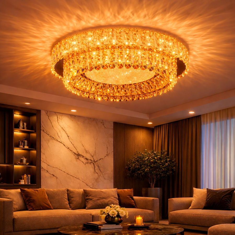 LED lustr LLC130/1CH, Křišťál a kov, 31W, 1 kruh, Stmívatelný, Nastavitelná výška, Studené/Teplé/Neutrální světlo, Luxusní osvětlení