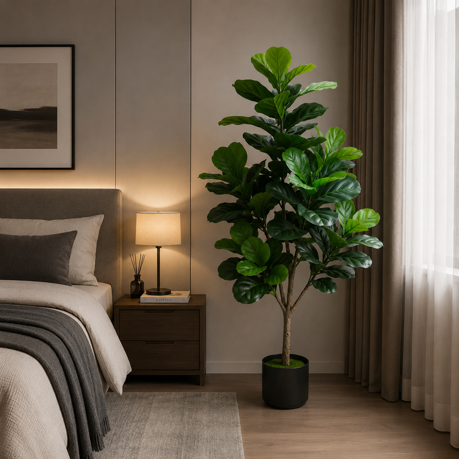 Decorațiune Ficus Lyrata, Plastic, 3 brate, 160 cm, Verde