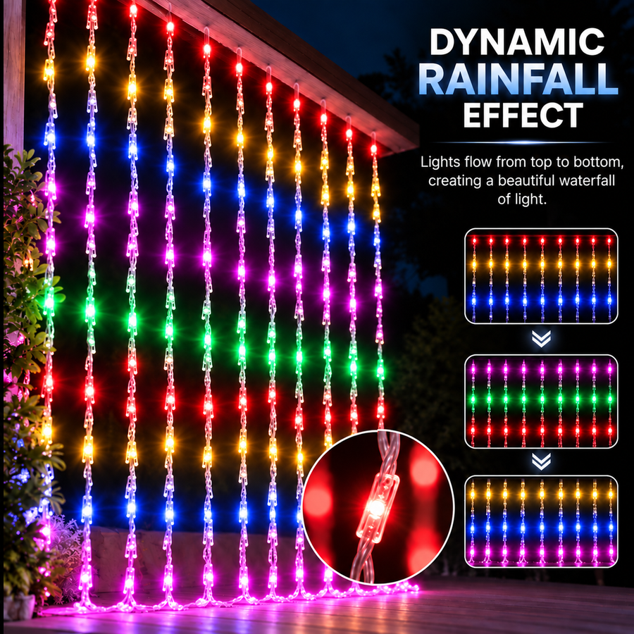 Vánoční instalace typu deště, vícebarevné světlo, 300 x 300 cm, 320 LED