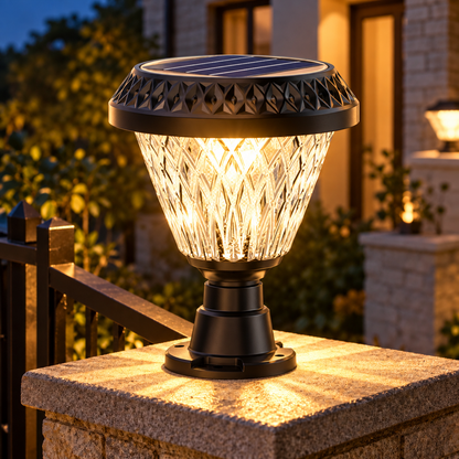 LED solární lampa pro venkovní sloup KATTAKURGAN, 8W, teplé/studené/neutrální světlo + RGB, kulatý tvar, hliník, černá, stmívatelná