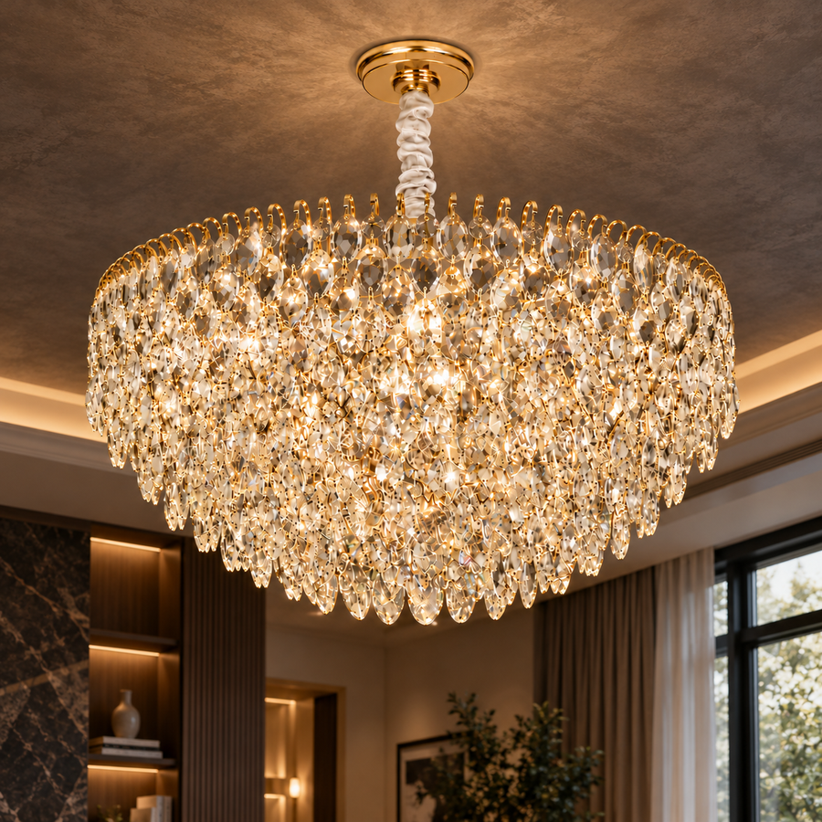 ERDENET Eleganza křišťálový lustr, 9xE14, průměr 50 cm, kov a křišťál, lesklé zlato, nastavitelná výška