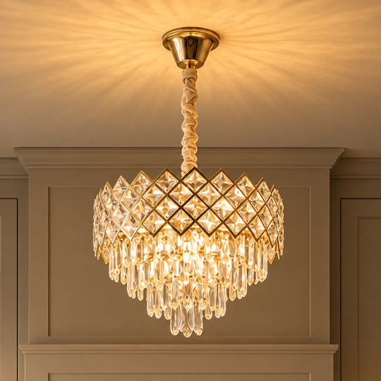 Křišťálový lustr VECTORIA Elegance 8xE14, průměr 48 cm, zlatý, nastavitelná výška, kov a křišťál