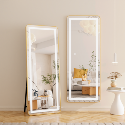 Obdélníkové LED zrcadlo, zlatý rám, 50x160 cm, stmívatelné, studené/teplé/neutrální světlo, župan