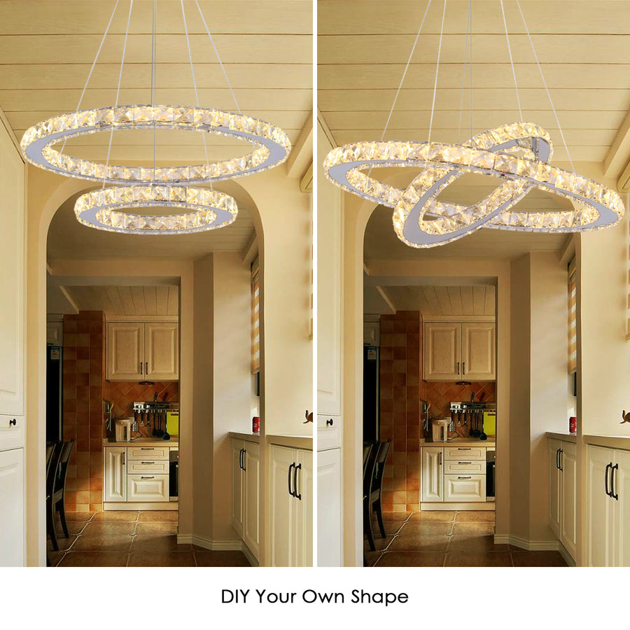 LED lustr s dálkovým ovládáním a krystalem PRISM LUMINIS 58W, 2 kruhy, Studené/Teplé/Neutrální světlo, Stmívatelné, Stříbrné, Výškově nastavitelné