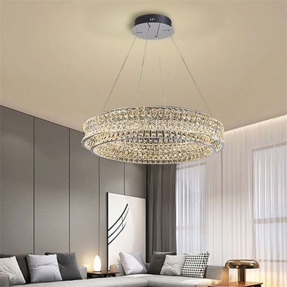 LED lustr LLC130/1CH, Křišťál a kov, 31W, 1 kruh, Stmívatelný, Nastavitelná výška, Studené/Teplé/Neutrální světlo, Luxusní osvětlení