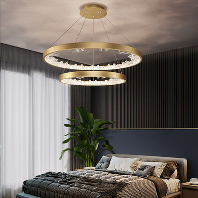 Závěsný LED lustr s dálkovým ovládáním, K9 Crystals, 73W, 2 kruhy, 60 cm, Studené/Teplé/Neutrální světlo, Stmívatelné, Zlaté, Výškově nastavitelné