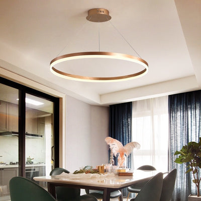 Závěsný LED lustr, ANINA, 34W, 1 kruh, Průměr 49 cm, Studené/Teplé/Neutrální světlo 3000K/4000K/6000K, Stmívatelné, Lesklá zlatá bílá, Nastavitelná výška, Kov a Akryl