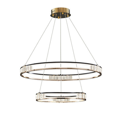 Závěsný LED lustr s dálkovým ovládáním a krystalem ROGER 100W, 2 kruhy, Studené/Teplé/Neutrální světlo, Stmívatelné, Lesklý zlatý, Nastavitelná výška