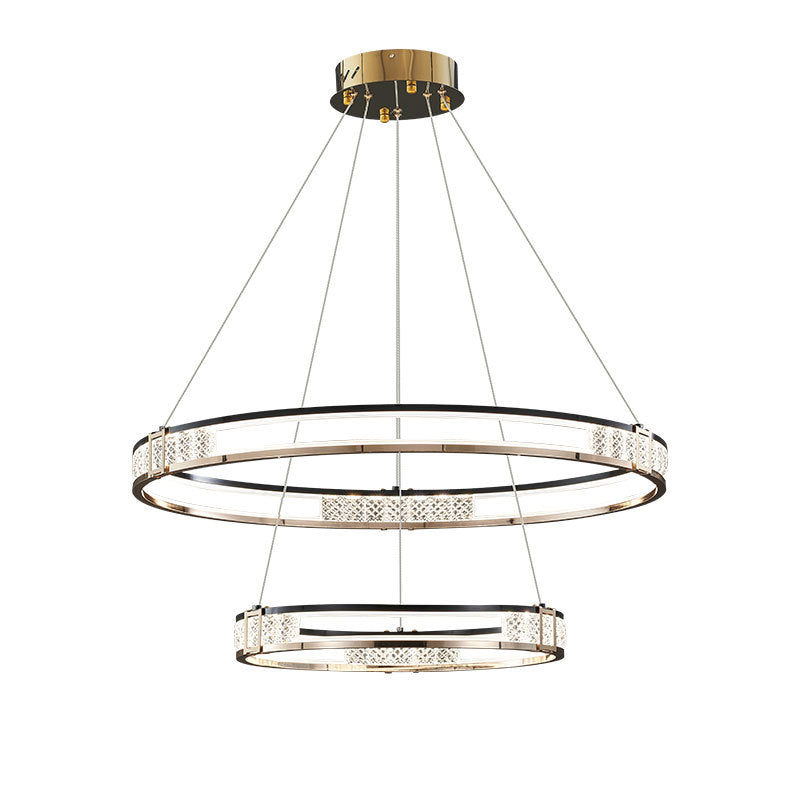 Závěsný LED lustr s dálkovým ovládáním a krystalem ROGER 100W, 2 kruhy, Studené/Teplé/Neutrální světlo, Stmívatelné, Lesklý zlatý, Nastavitelná výška