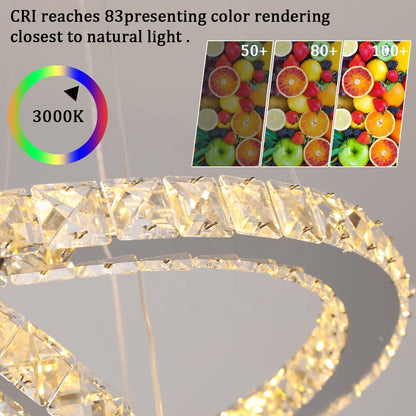 Závěsný LED lustr s dálkovým ovládáním a krystalem CAYDEN 200W, 3 kruhy, Studené/Teplé/Neutrální světlo, Stmívatelné, Lesklý chrom, Nastavitelná výška
