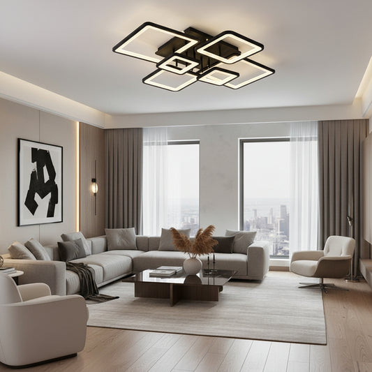 LED lustr s dálkovým ovládáním ELLA 120W, 6 čtverců, studené/teplé/neutrální světlo, stmívatelné, černá, kov a akryl