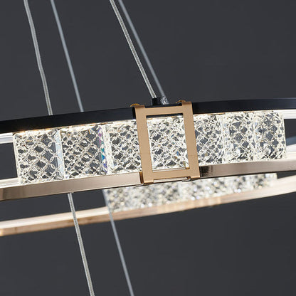 Závěsný LED lustr s dálkovým ovládáním a krystalem ROGER 100W, 2 kruhy, Studené/Teplé/Neutrální světlo, Stmívatelné, Lesklý zlatý, Nastavitelná výška