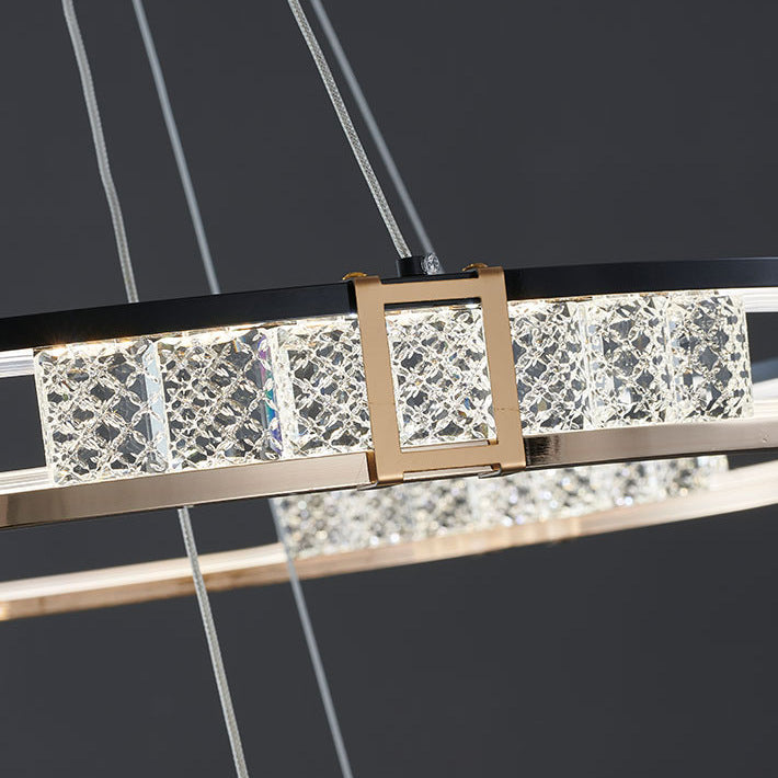 Závěsný LED lustr s dálkovým ovládáním a krystalem ROGER 100W, 2 kruhy, Studené/Teplé/Neutrální světlo, Stmívatelné, Lesklý zlatý, Nastavitelná výška