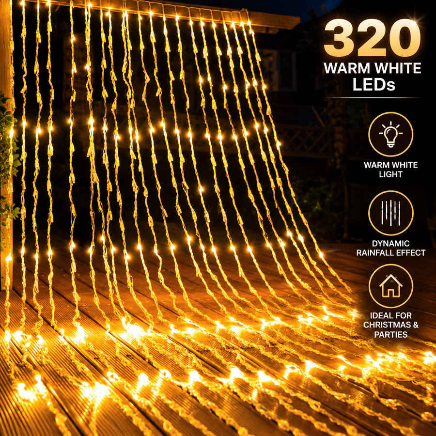 Vánoční instalace typu deště, teplé světlo, 300 x 300 cm, 320 LED