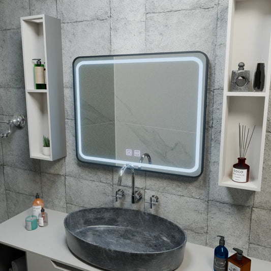 Zrcadlový LED obdélníkový 90x75cm Edge Edge Sluční dotykový defriční systém, černý rám