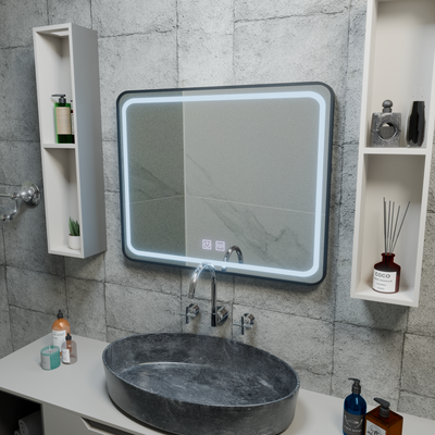 Zrcadlo LED obdélníkový 100x65cm - hrana světelný dotykový odmrazovací systém, černý rám