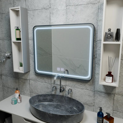 Zrcadlový LED obdélníkový 90x75cm Edge Edge Sluční dotykový defriční systém, černý rám