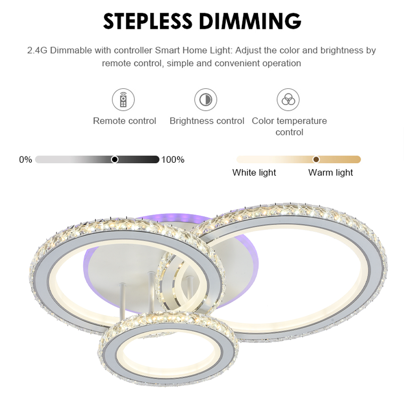 LED lustr s dálkovým ovládáním a krystalem NOVA ROTONDA RGB 154W, 3 kruhy, Studené/Teplé/Neutrální světlo, Stmívatelné, Bílá