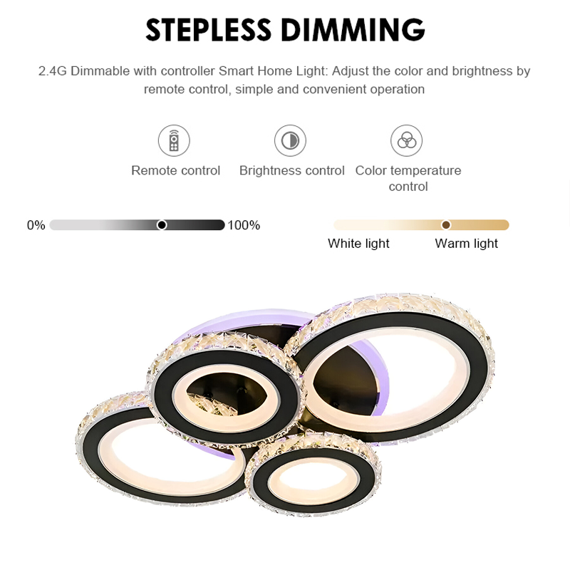 LED lustr s dálkovým ovládáním a krystalem NOVA ROTONDA RGB 82W, 4 kruhy, Studené/Teplé/Neutrální světlo, Stmívatelné, Černá