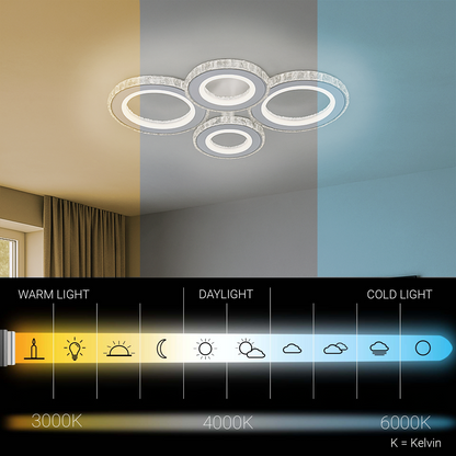 LED lustr s dálkovým ovládáním a krystalem NOVA ROTONDA RGB 86W, 4 kruhy, Studené/Teplé/Neutrální světlo, Stmívatelné, Bílá