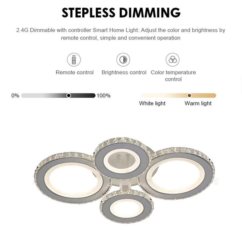 LED lustr s dálkovým ovládáním a krystalem NOVA ROTONDA RGB 86W, 4 kruhy, Studené/Teplé/Neutrální světlo, Stmívatelné, Bílá
