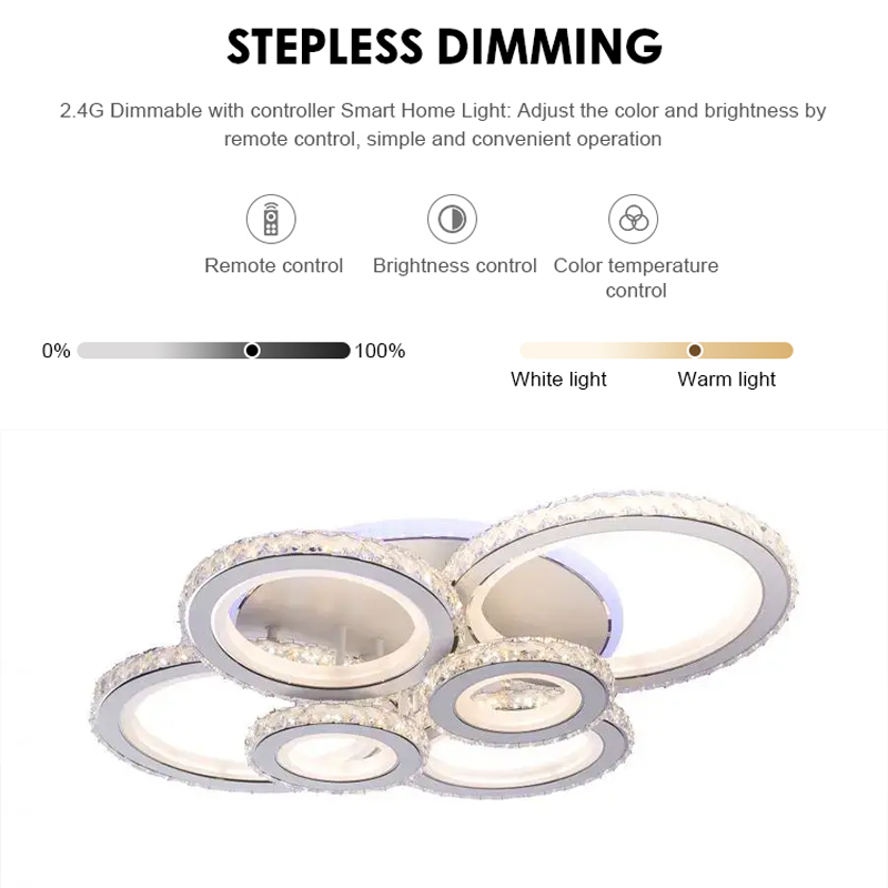 LED lustr s dálkovým ovládáním a krystalem NOVA ROTONDA RGB 154W, 6 kruhů, Studené/Teplé/Neutrální světlo, Stmívatelné, Bílá