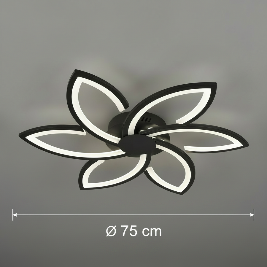 LED lustr s dálkovým ovládáním a krystalem FLORA 82W, 6 okvětních lístků, studené/teplé/neutrální světlo, stmívatelné, černá