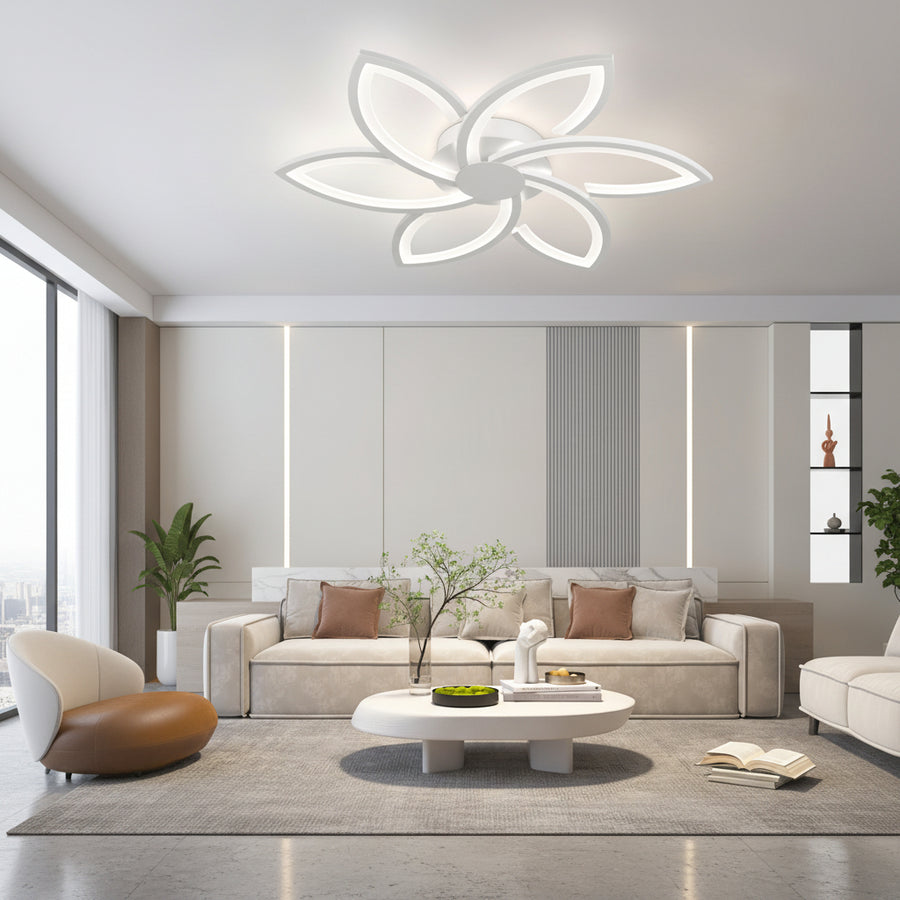 LED lustr s dálkovým ovládáním a krystalem FLORA 82W, 6 okvětních lístků, studené/teplé/neutrální světlo, stmívatelné, bílá