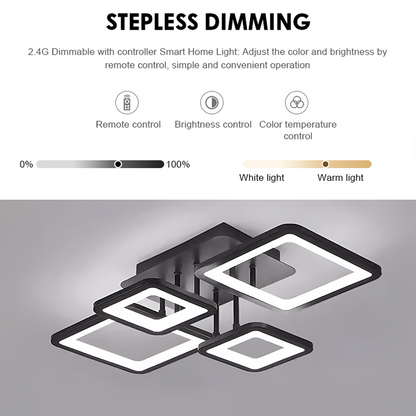 LED lustr s dálkovým ovládáním ELLA 85W, 4 čtverce, studené/teplé/neutrální světlo, stmívatelné, černá