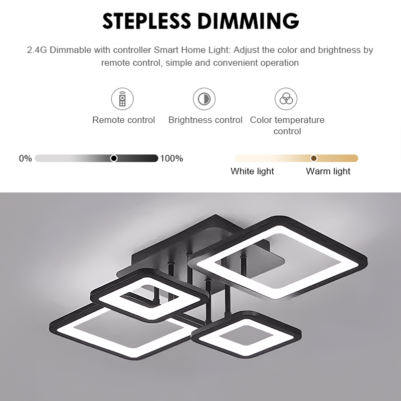 LED lustr s dálkovým ovládáním ELLA 85W, 4 čtverce, studené/teplé/neutrální světlo, stmívatelné, černá
