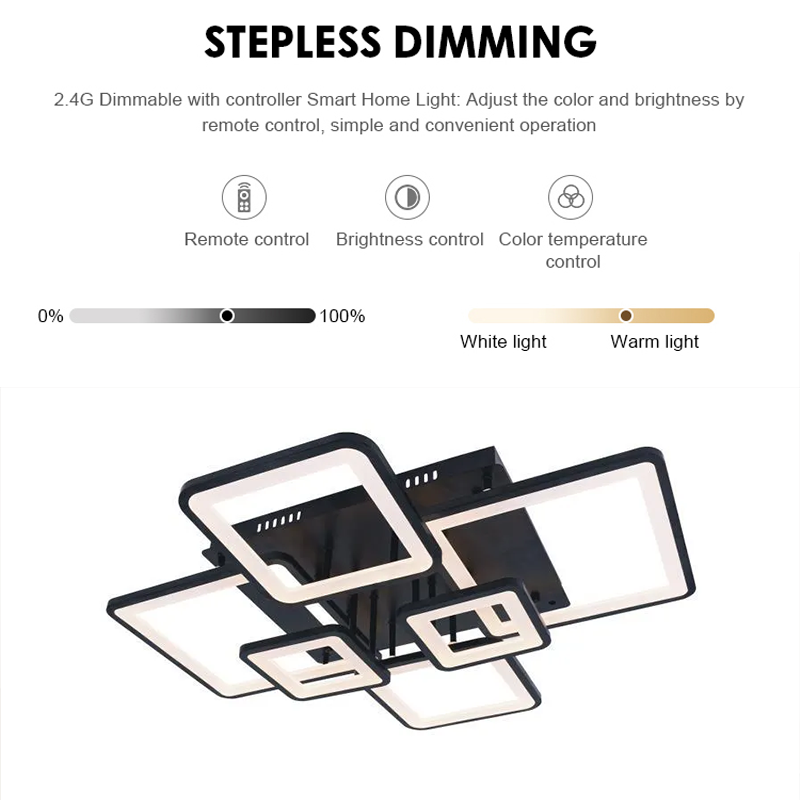 LED lustr s dálkovým ovládáním ELLA 124W, 6 čtverců, studené/teplé/neutrální světlo, stmívatelné, černá