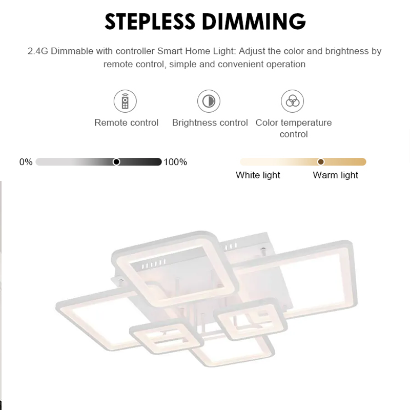 LED lustr s dálkovým ovládáním ELLA 124W, 6 čtverců, studené/teplé/neutrální světlo, stmívatelné, bílá