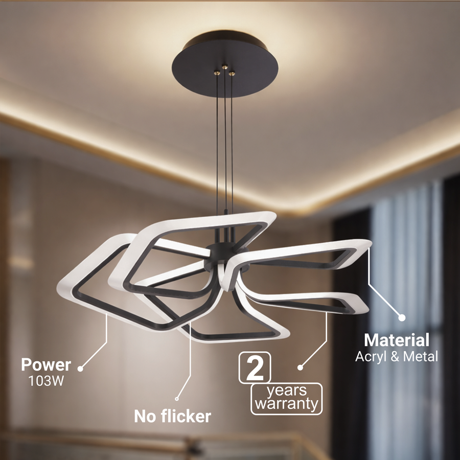 Závěsný LED lustr s dálkovým ovládáním 103W, 5 čtverců, studené/teplé/neutrální světlo, stmívatelný, černý
