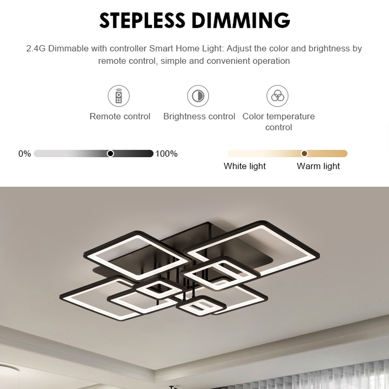 LED lustr s dálkovým ovládáním ELLA 203W, 8 čtverců, studené/teplé/neutrální světlo, stmívatelné, černá