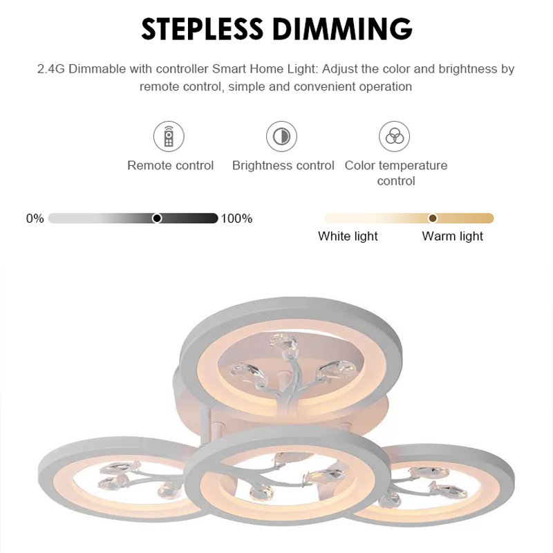 LED lustr s dálkovým ovládáním a krystalem DAISY 49W, 4 Elements, Studené/Teplé/Neutrální světlo, Stmívatelné, Bílá