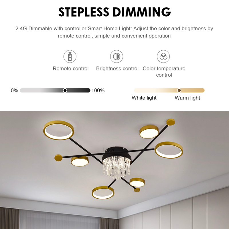 LED lustr s dálkovým ovládáním a krystalem GUIDA 38W, 6 prvků, studené/teplé/neutrální světlo, stmívatelné, černé zlato