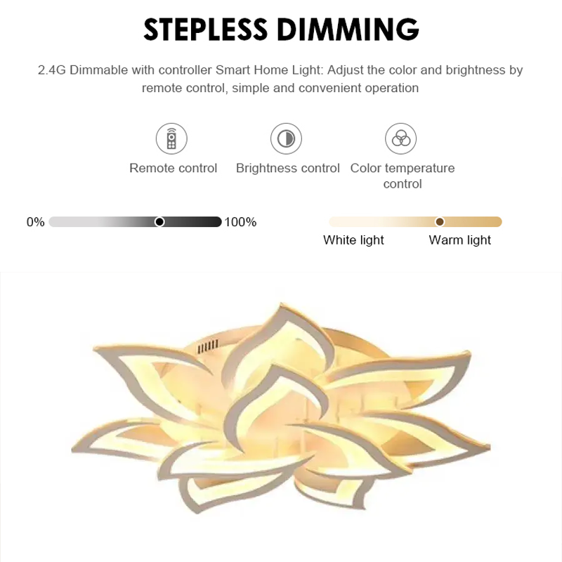 LED lustr s dálkovým ovládáním LOTUS 92W, 9 okvětních lístků, studené/teplé/neutrální světlo, stmívatelné, bílá