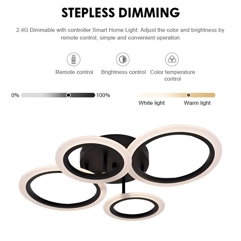 LED lustr s dálkovým ovládáním BETTY 44W, 4 kruhy, Studené/Teplé/Neutrální světlo, Stmívatelné, Černá