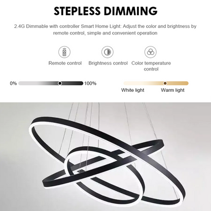 Závěsný LED lustr s dálkovým ovládáním CASIANA 84W, 3 kruhy, studené/teplé/neutrální světlo, stmívatelný, černý, výškově nastavitelný