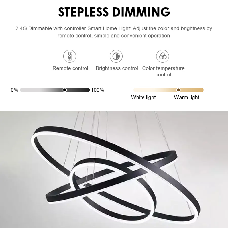 Závěsný LED lustr s dálkovým ovládáním CASIANA 84W, 3 kruhy, studené/teplé/neutrální světlo, stmívatelný, černý, výškově nastavitelný