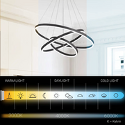 Závěsný LED lustr s dálkovým ovládáním CASIANA 84W, 3 kruhy, studené/teplé/neutrální světlo, stmívatelný, černý, výškově nastavitelný