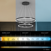 Závěsný LED lustr s dálkovým ovládáním CASIANA 40W, 2 kruhy, studené/teplé/neutrální světlo 3000K/4000K/6000K, stmívatelný, černý, nastavitelná výška, kov a akryl