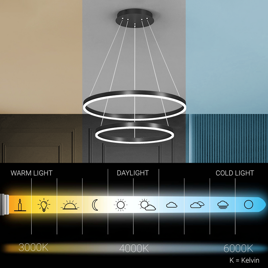 Závěsný LED lustr s dálkovým ovládáním CASIANA 40W, 2 kruhy, studené/teplé/neutrální světlo 3000K/4000K/6000K, stmívatelný, černý, nastavitelná výška, kov a akryl