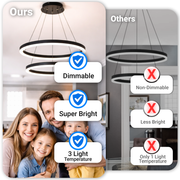 Závěsný LED lustr s dálkovým ovládáním CASIANA 40W, 2 kruhy, studené/teplé/neutrální světlo 3000K/4000K/6000K, stmívatelný, černý, nastavitelná výška, kov a akryl