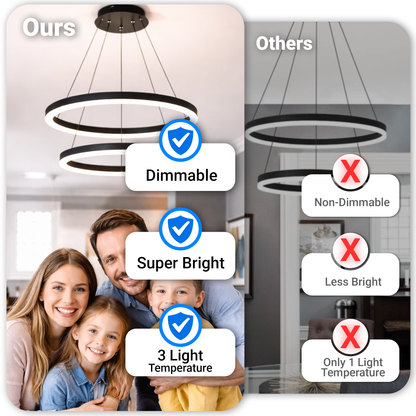 Závěsný LED lustr s dálkovým ovládáním CASIANA 40W, 2 kruhy, studené/teplé/neutrální světlo 3000K/4000K/6000K, stmívatelný, černý, nastavitelná výška, kov a akryl