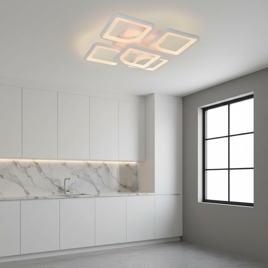LED lustr s dálkovým ovládáním ZOE 96W, 5 čtverců, studené/teplé/neutrální světlo, stmívatelné, bílá