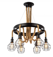 Vintage závěsný lustr, LV583/6BK, 6xE27, Průměr 60 cm, Nastavitelná výška, IP20, Hnědý, Kov a provázek, Žárovky nejsou součástí balení