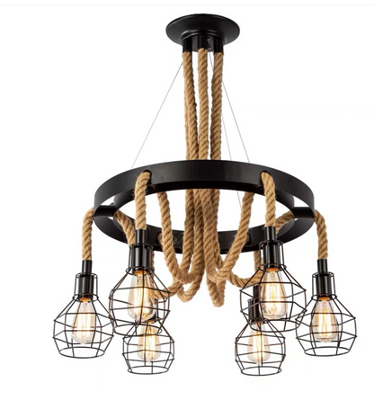 Vintage závěsný lustr, LV583/6BK, 6xE27, Průměr 60 cm, Nastavitelná výška, IP20, Hnědý, Kov a provázek, Žárovky nejsou součástí balení