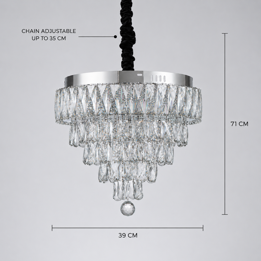 RIGO Crystal LED lustr s dálkovým ovládáním Nobile Průměr 39 cm, lesklý chrom, nastavitelná výška, kov a krystal