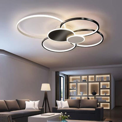 LED lustr s dálkovým ovládáním, KILLIAN, 74W, 6 kruhů, studené/teplé/neutrální světlo 3000K/4000K/6000K, stmívatelné, černobílé, kovové a akrylové LED lustry s dálkovým ovládáním Výchozí název Alessandro Design